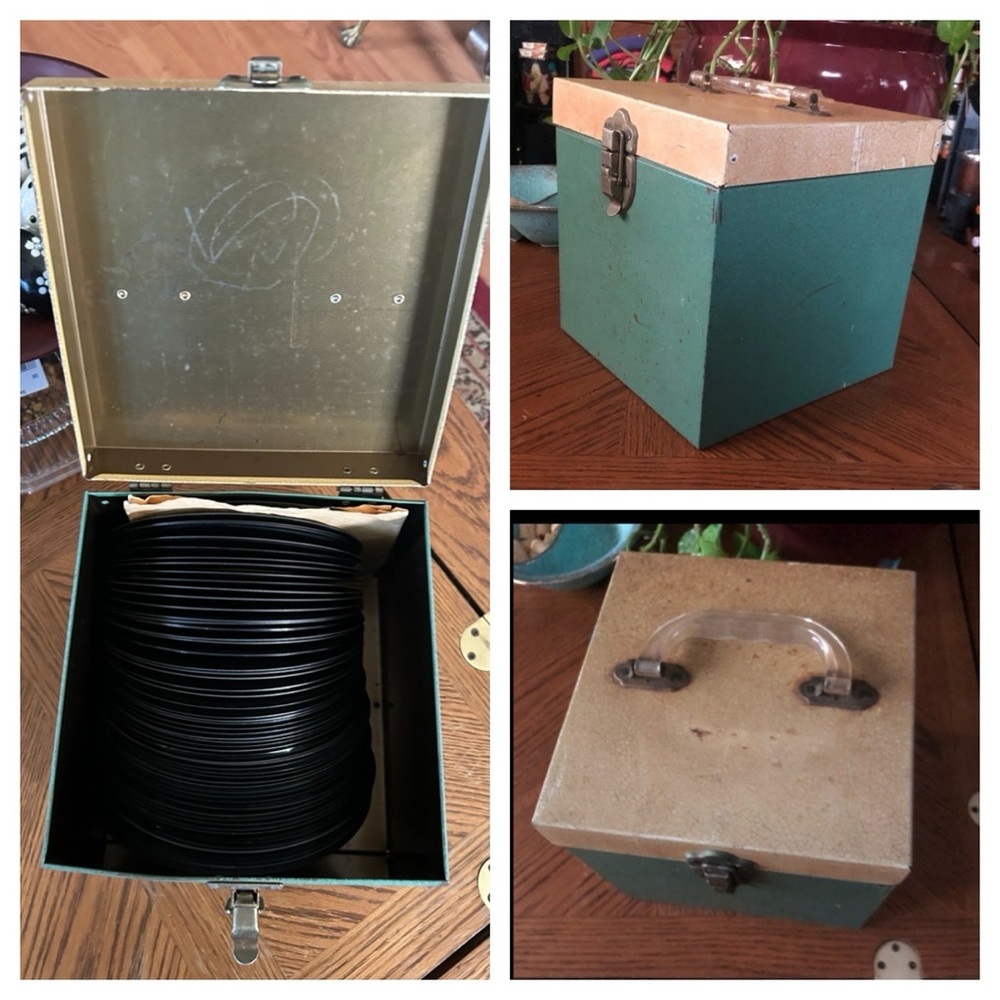 VINTAGE Green METAL 45 Vinyl RECORD CASE HOLDER with RECORDS